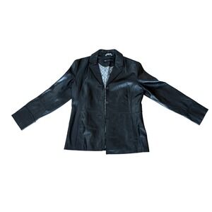 Reaction Kenneth Cole Black Leather Blazer Jacket Womens Size L Lined